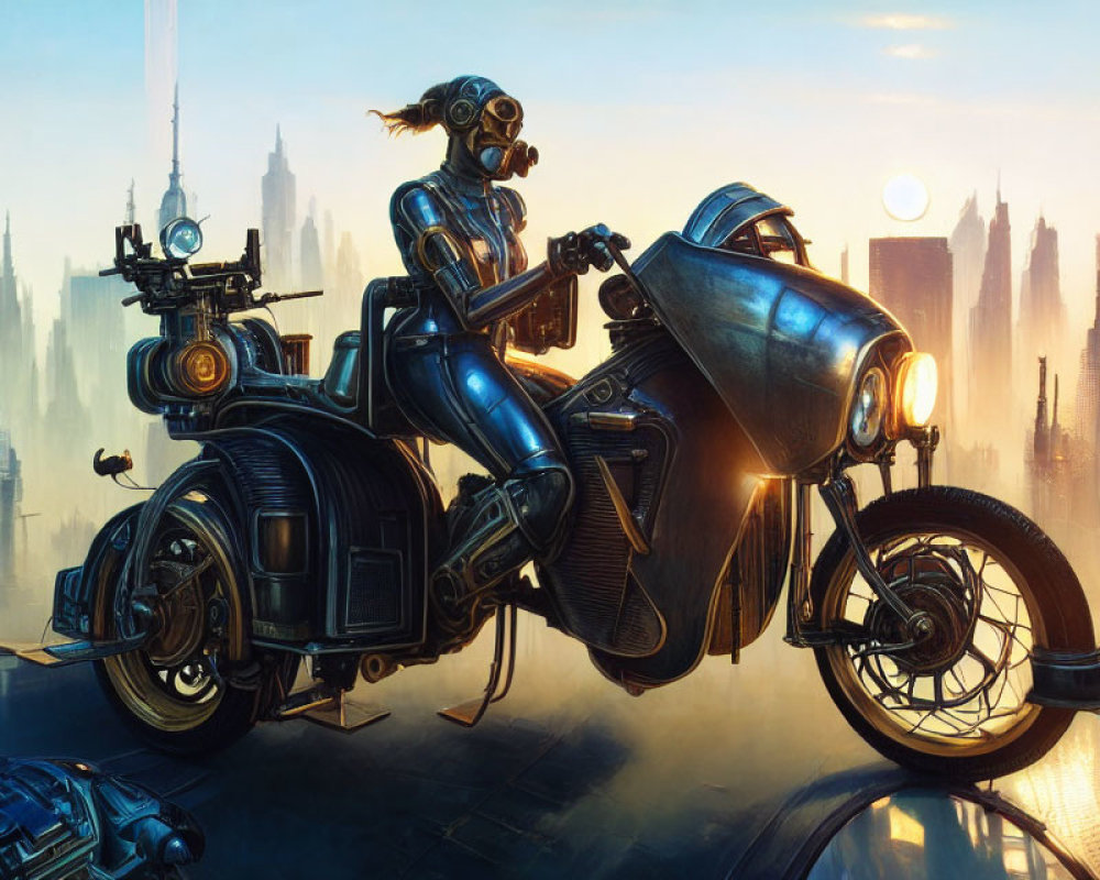 Futuristic robot in sleek armor on heavy-duty motorcycle in cityscape at sunrise or sunset