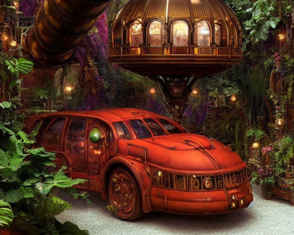 Steampunk scene featuring retro-futuristic car and floating balloon-like building