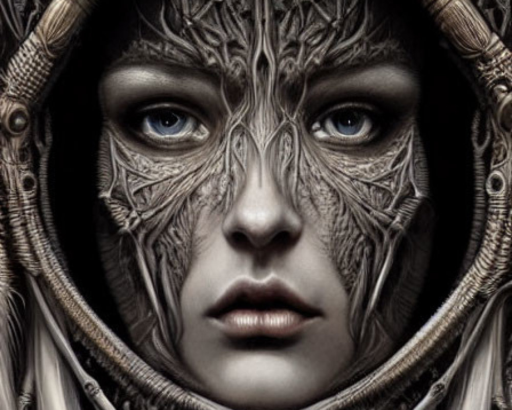 Detailed fantasy portrait with tree branch-like patterns covering face