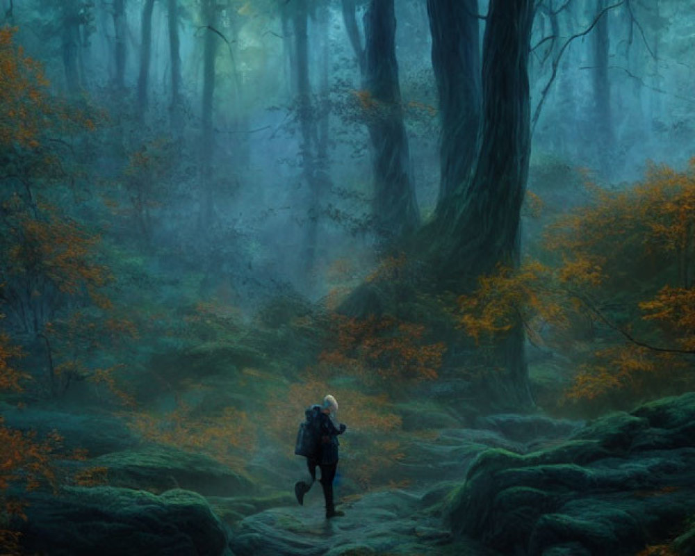 Person walking in misty forest with towering trees and serene stream