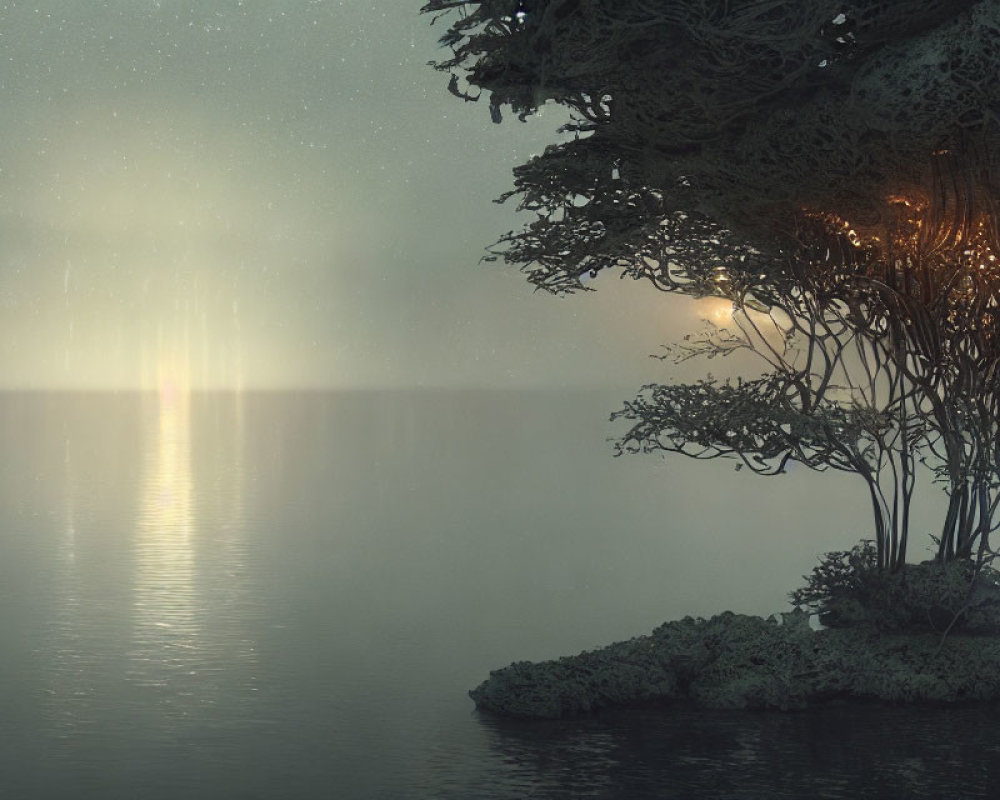 Misty Twilight Scene: Radiant Light on Calm Lake