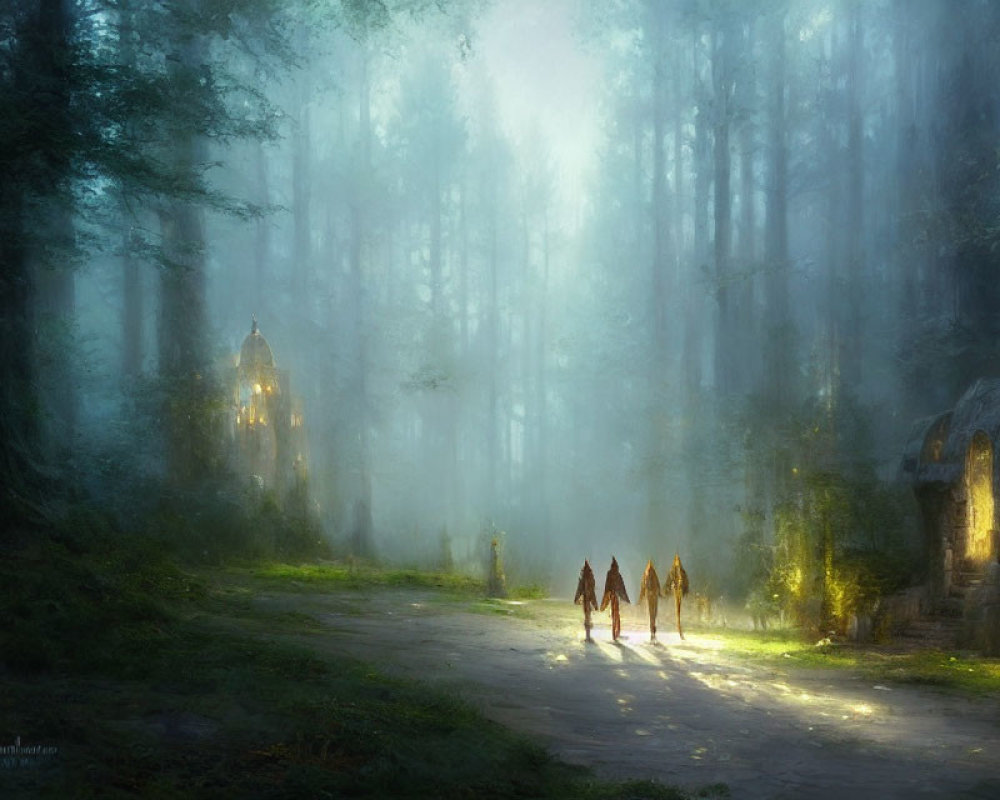 Enigmatic forest with mist-covered trees and figures near glowing ruins