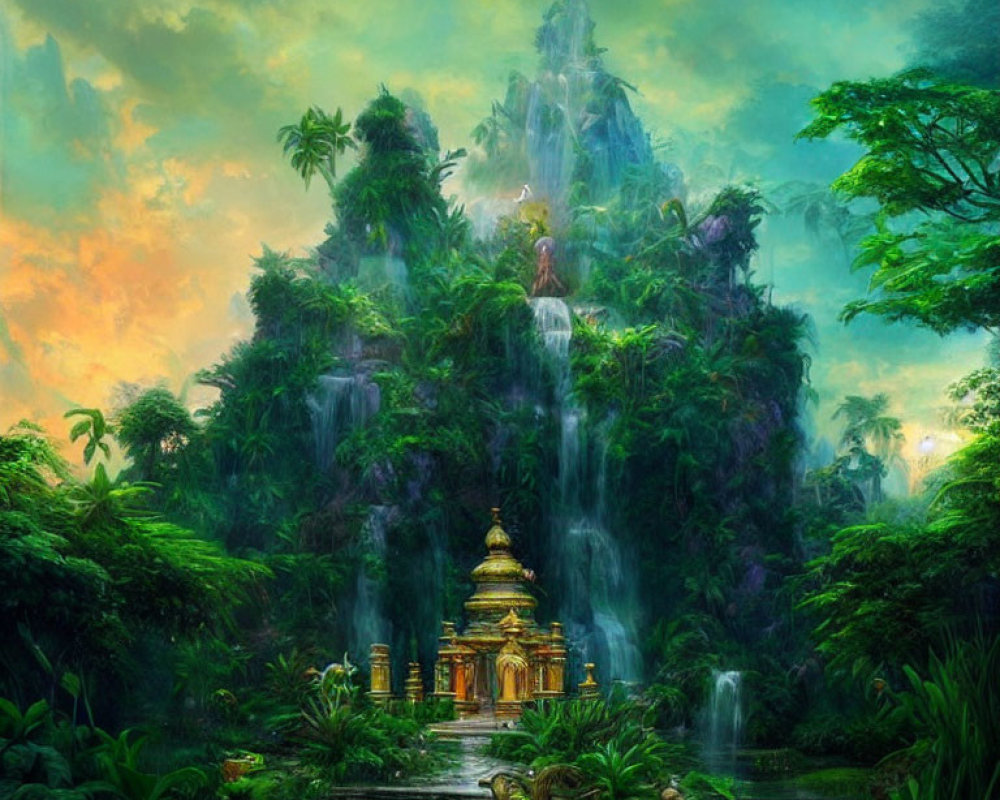 Vibrant landscape with golden temple, waterfall, and colorful sky