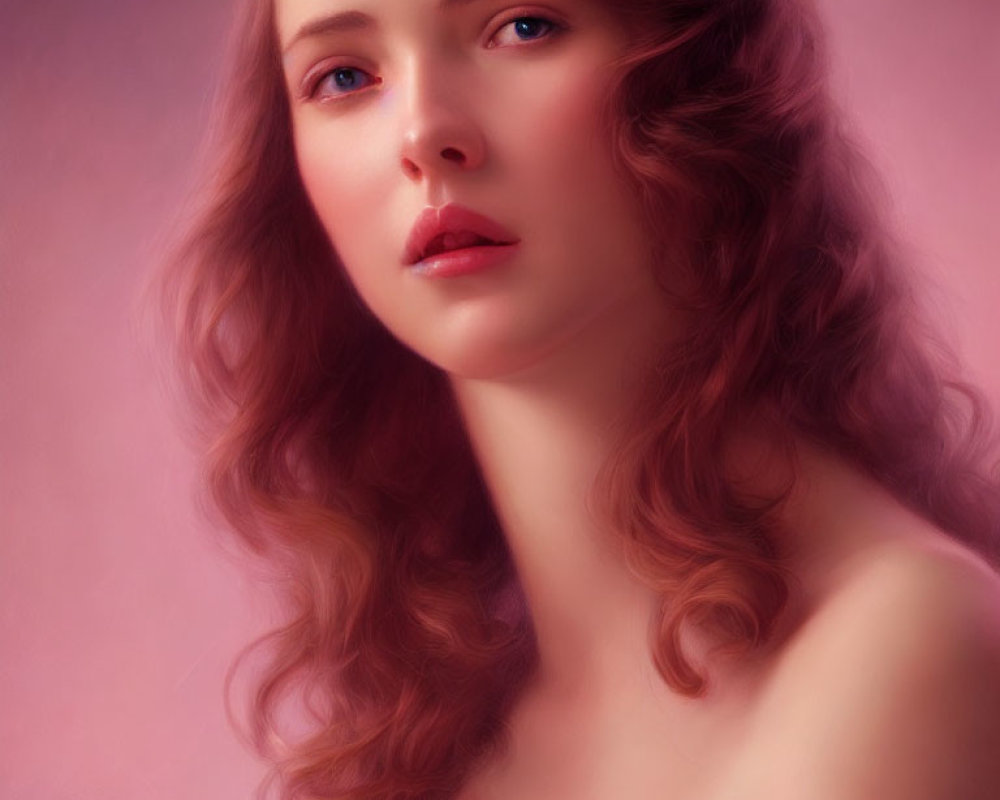 Digital portrait of woman with auburn hair and dreamy expression on soft pink backdrop