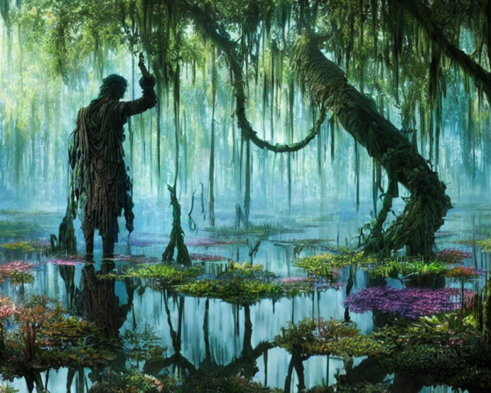 Mystical swamp with vibrant flora and humanoid tree-like figures