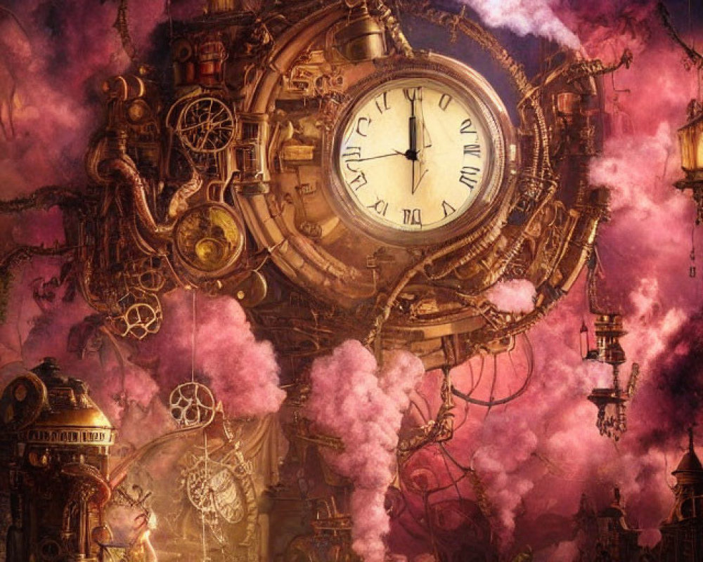 Steampunk illustration with grand clock, gears, floating buildings, and pink clouds.