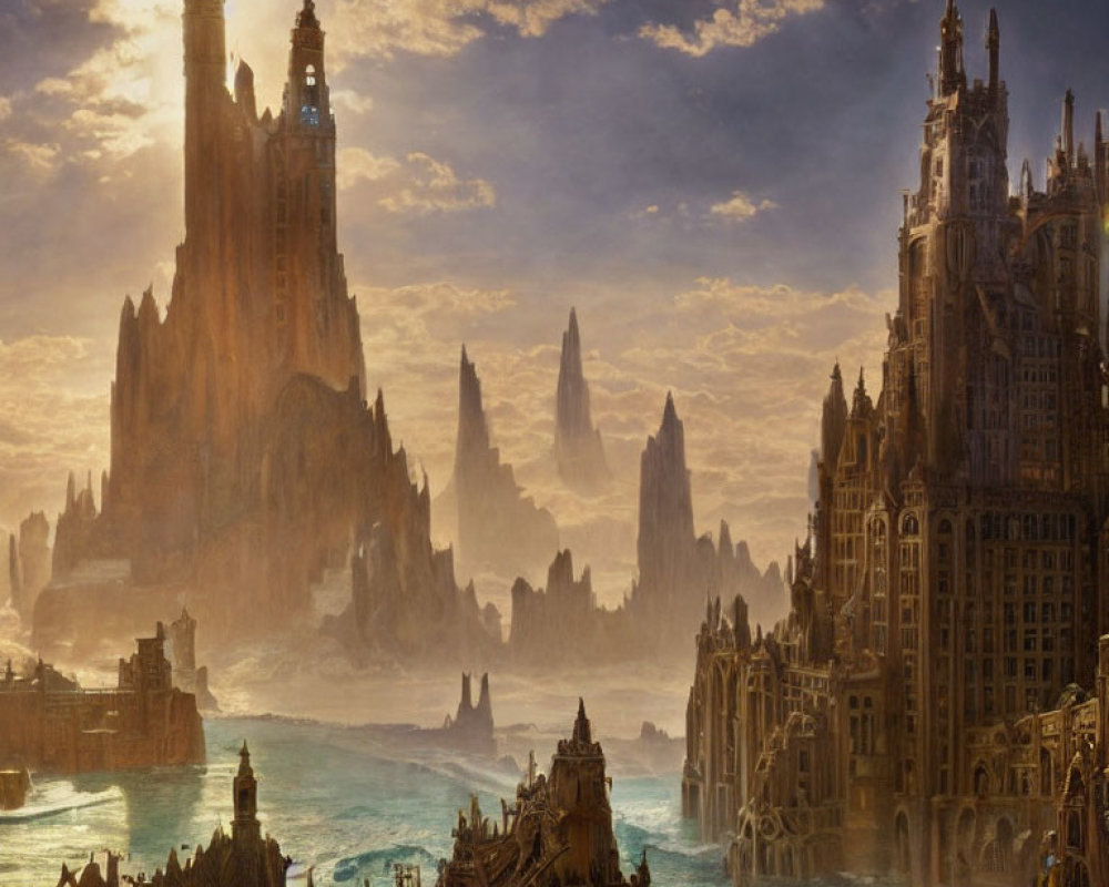 Ethereal fantasy landscape with towering spires and gothic architecture