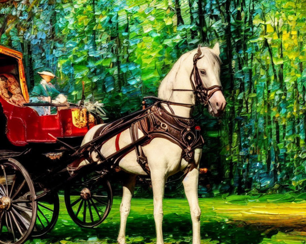 Vibrant impressionist painting of white horse and red carriage