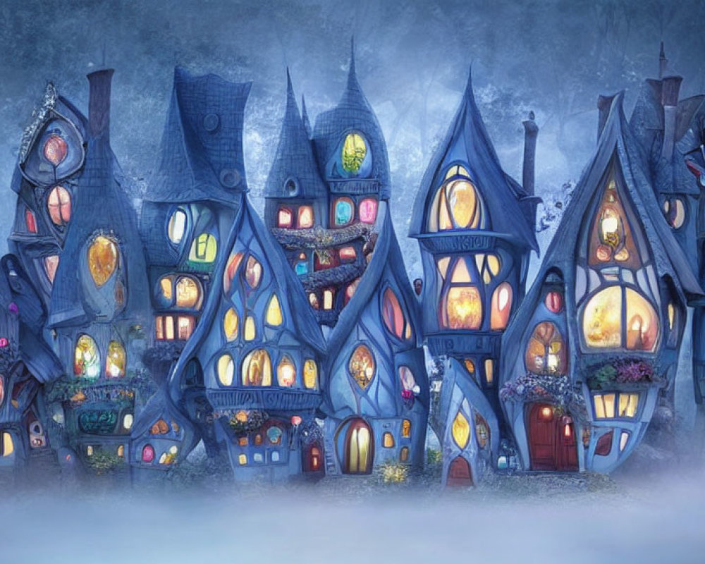 Clustered Fairytale Houses with Glowing Windows on Misty Blue Background