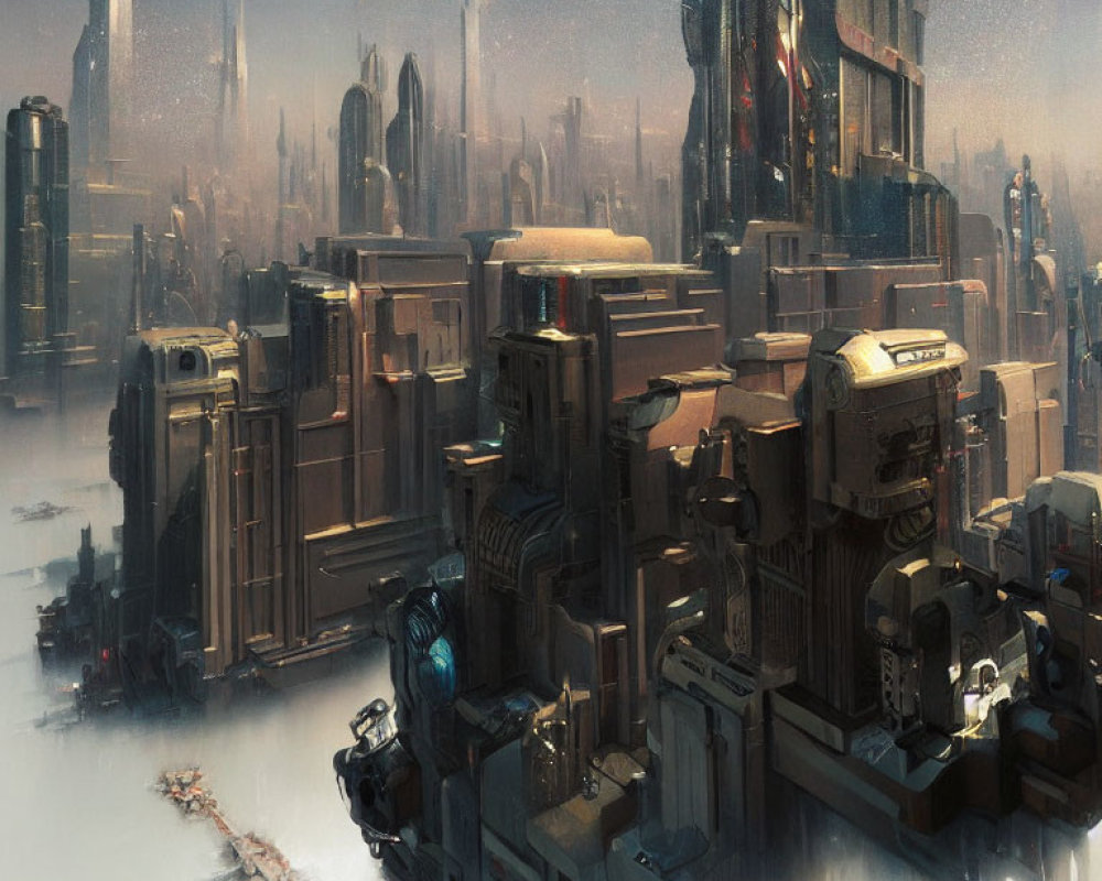 Futuristic cityscape with mist, towering skyscrapers, and high-tech machinery