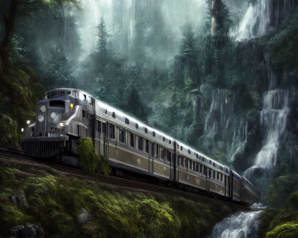 Train moving through lush, misty forest with waterfalls