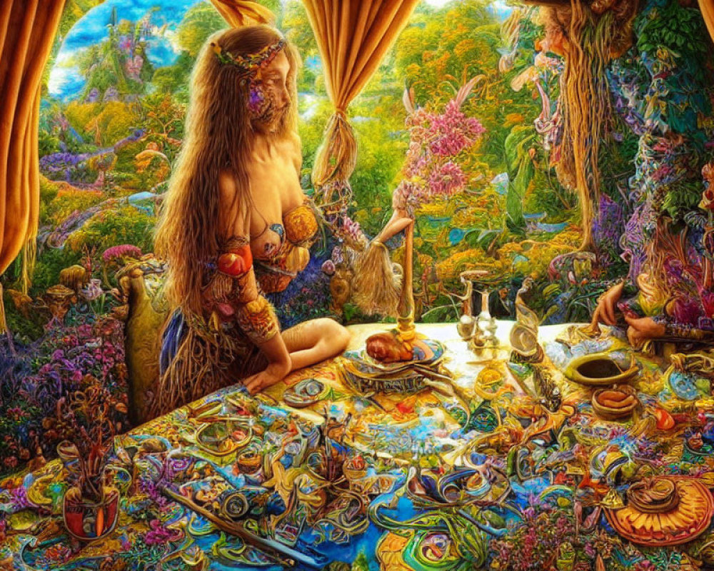 Colorful fantasy scene with satyr in lush room filled with flora, fauna, patterns, and objects