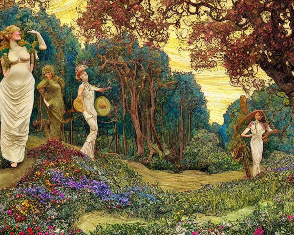 Four Women in Flower-Filled Forest with Wheat, Sickle, Flute, and Tree
