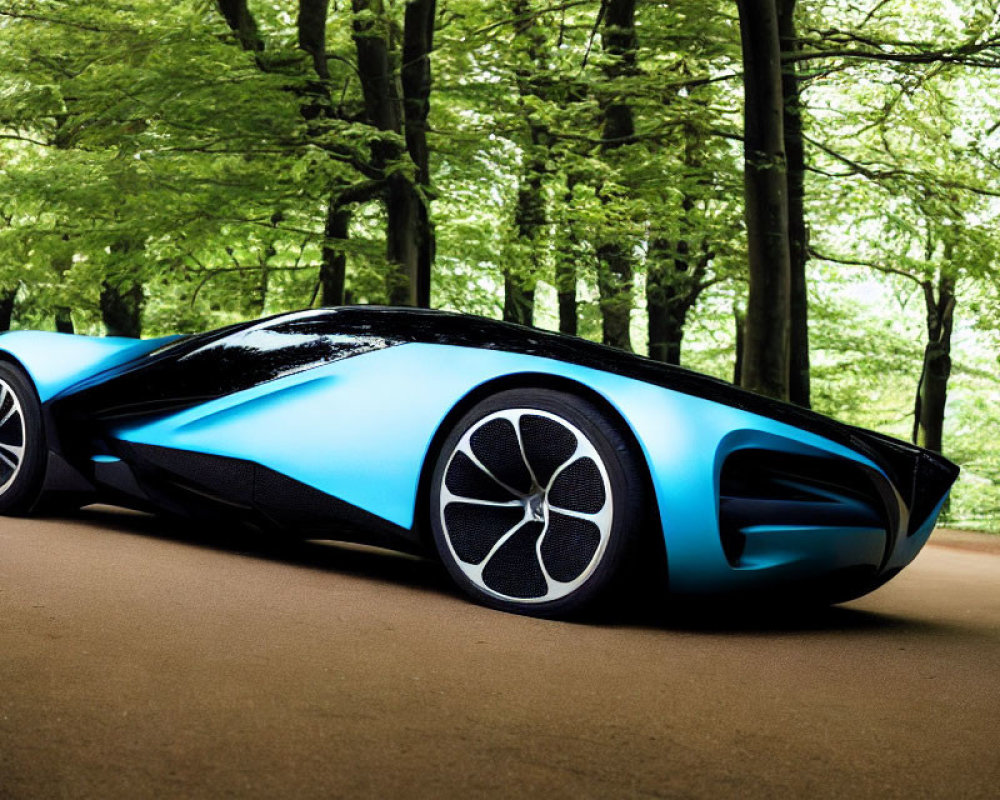 Futuristic blue sports car parked on forest road with oversized wheels