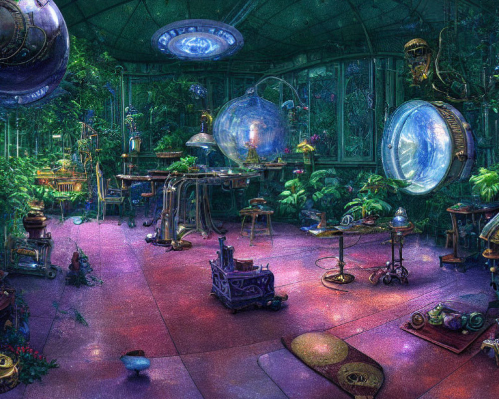 Cluttered Steampunk Conservatory with Glowing Orbs and Lush Vegetation