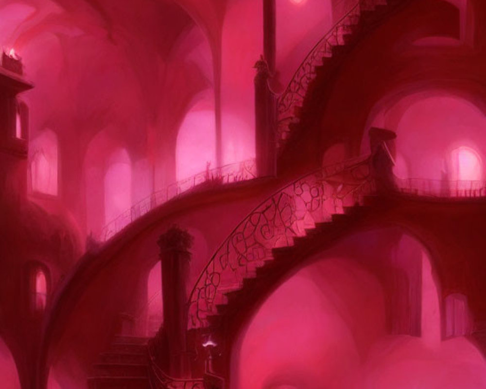 Surreal pink-hued painting of otherworldly building with winding staircases and arched door