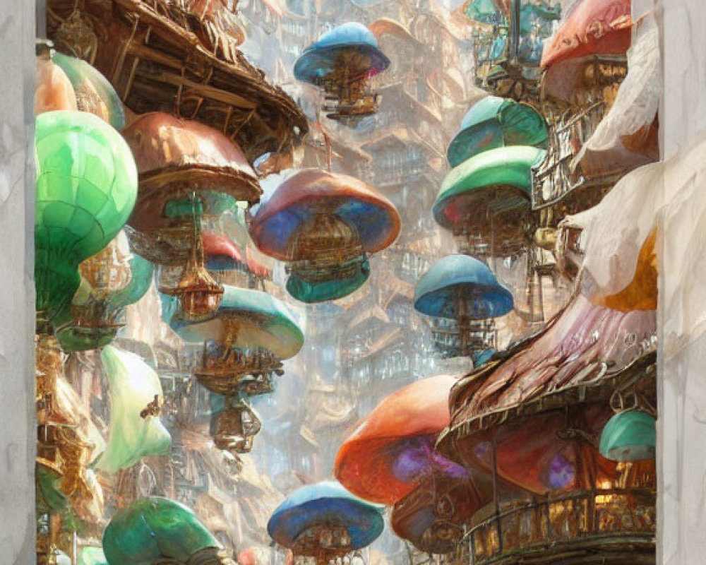 Fantasy marketplace with floating umbrellas, vibrant crowd, and soaring red dragon