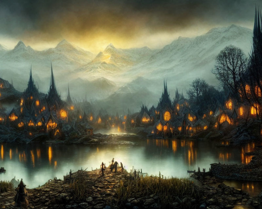 Glowing houses in mystical village by serene lake at sunset