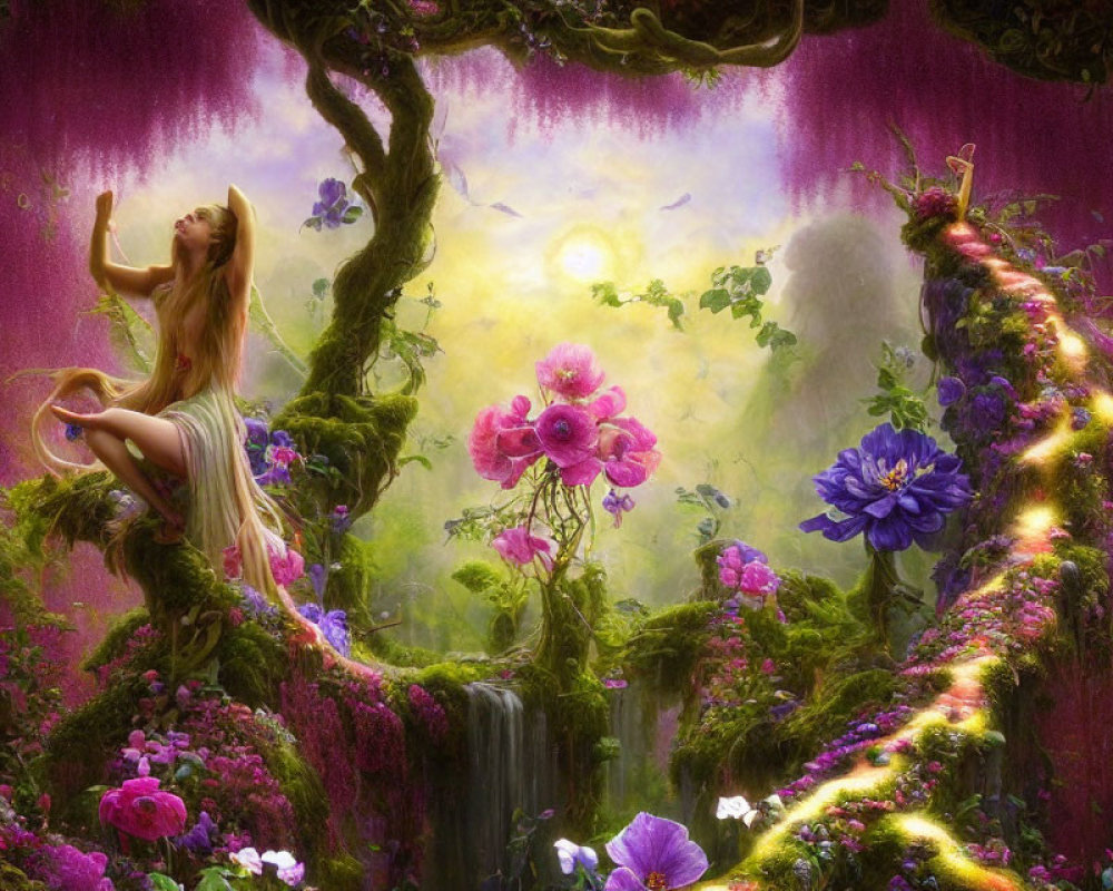 Woman on Mossy Tree Surrounded by Glowing Flowers and Waterfalls