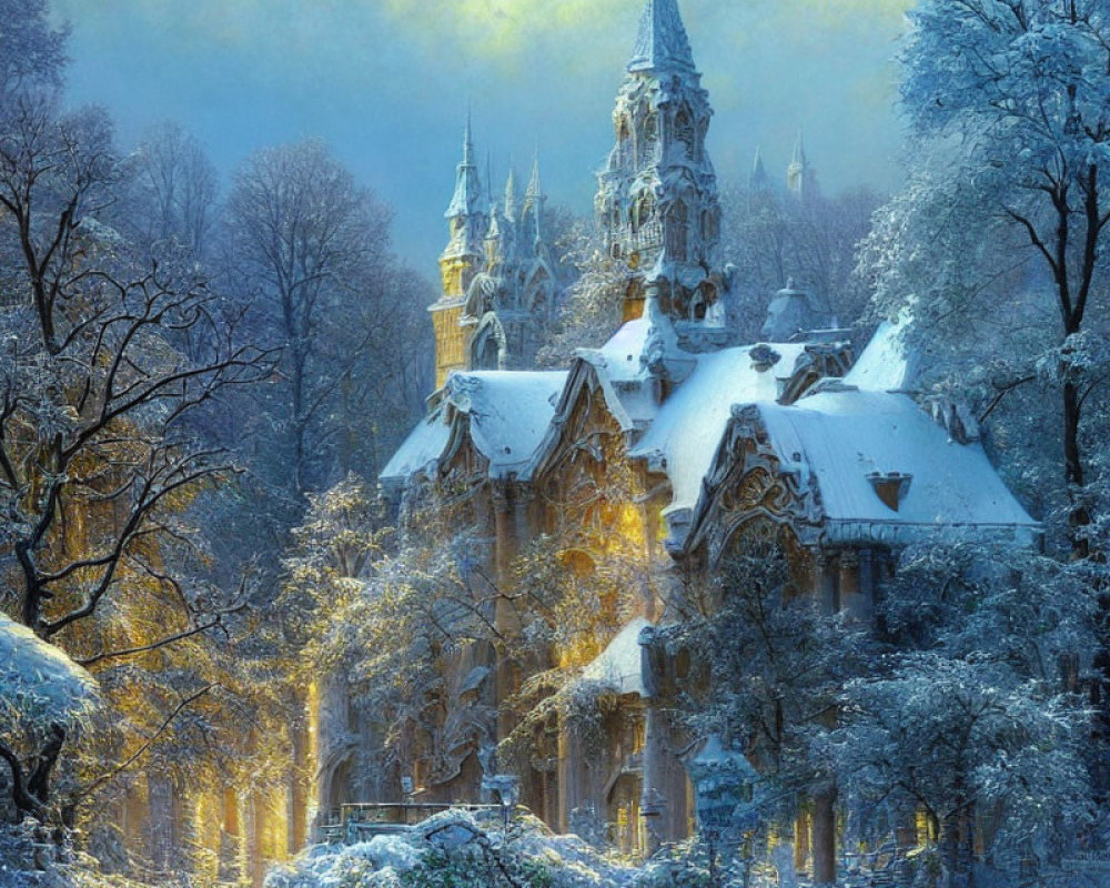 Snow-covered castle in tranquil winter forest with mystical light.