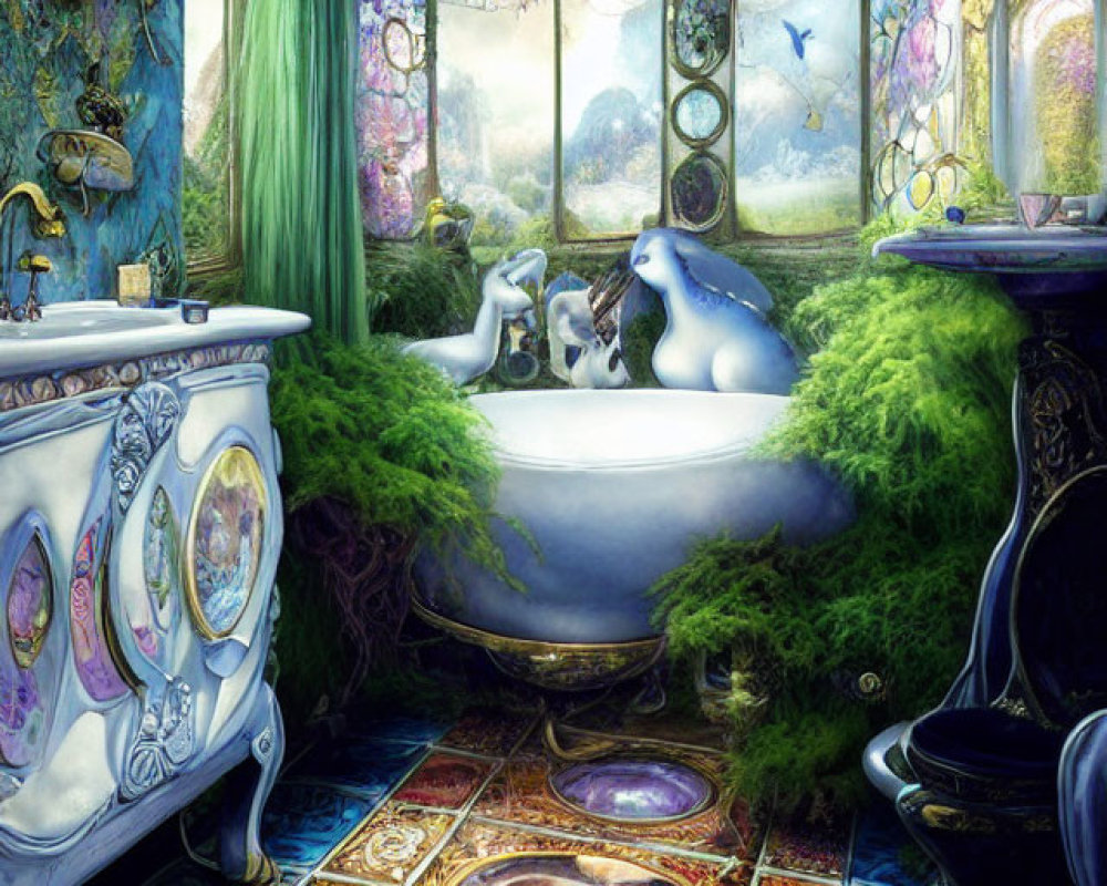 Stained glass windows, claw-foot tub, and mosaic tiles in a whimsical bathroom