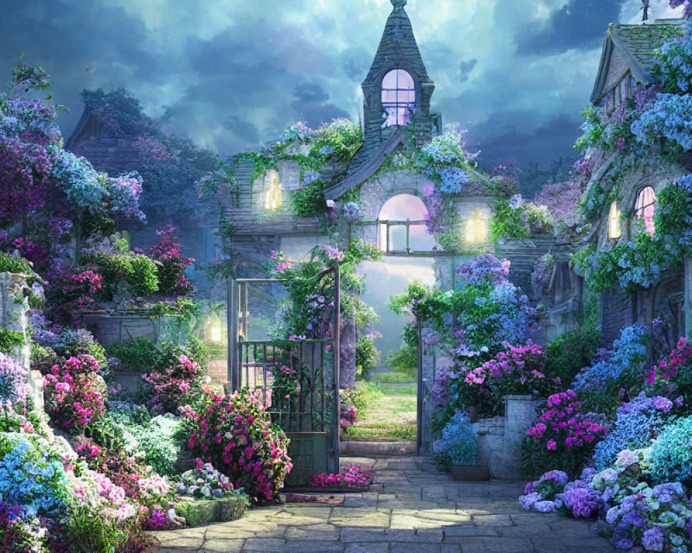 Lush garden at dusk with blooming flowers and stone pathway
