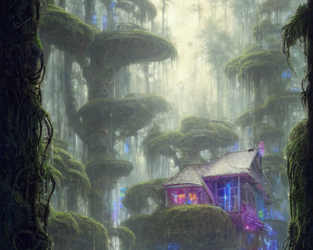 Mystical forest with towering trees and Asian-style house in a futuristic setting