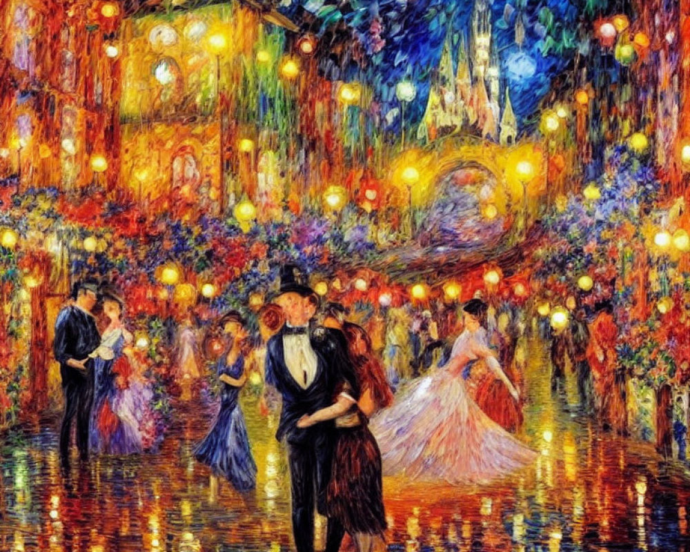 Elegant ballroom scene with dancing couples under colorful lights