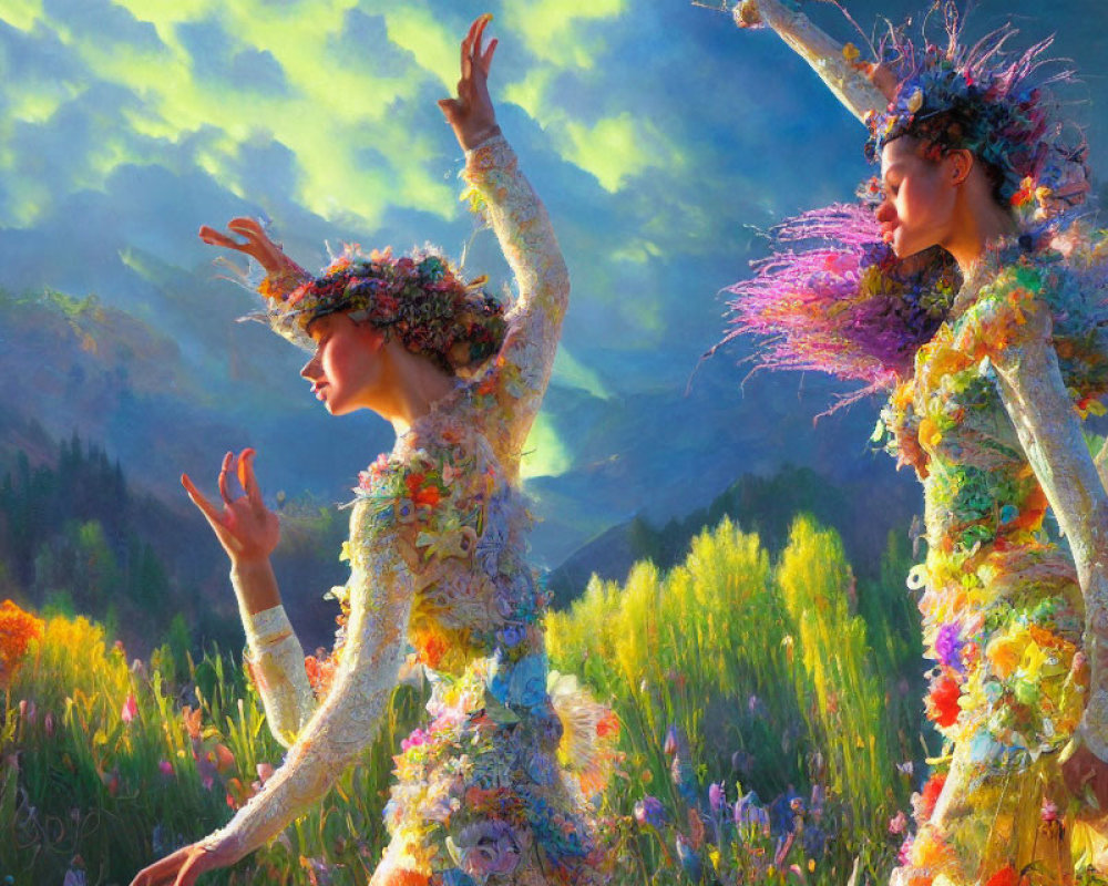 Ethereal figures in vibrant floral attire dancing in a flower-filled meadow