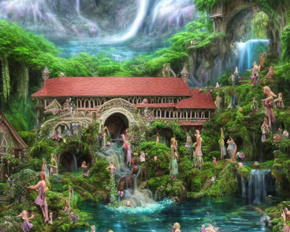 Ethereal beings in lush forest with waterfalls & architecture