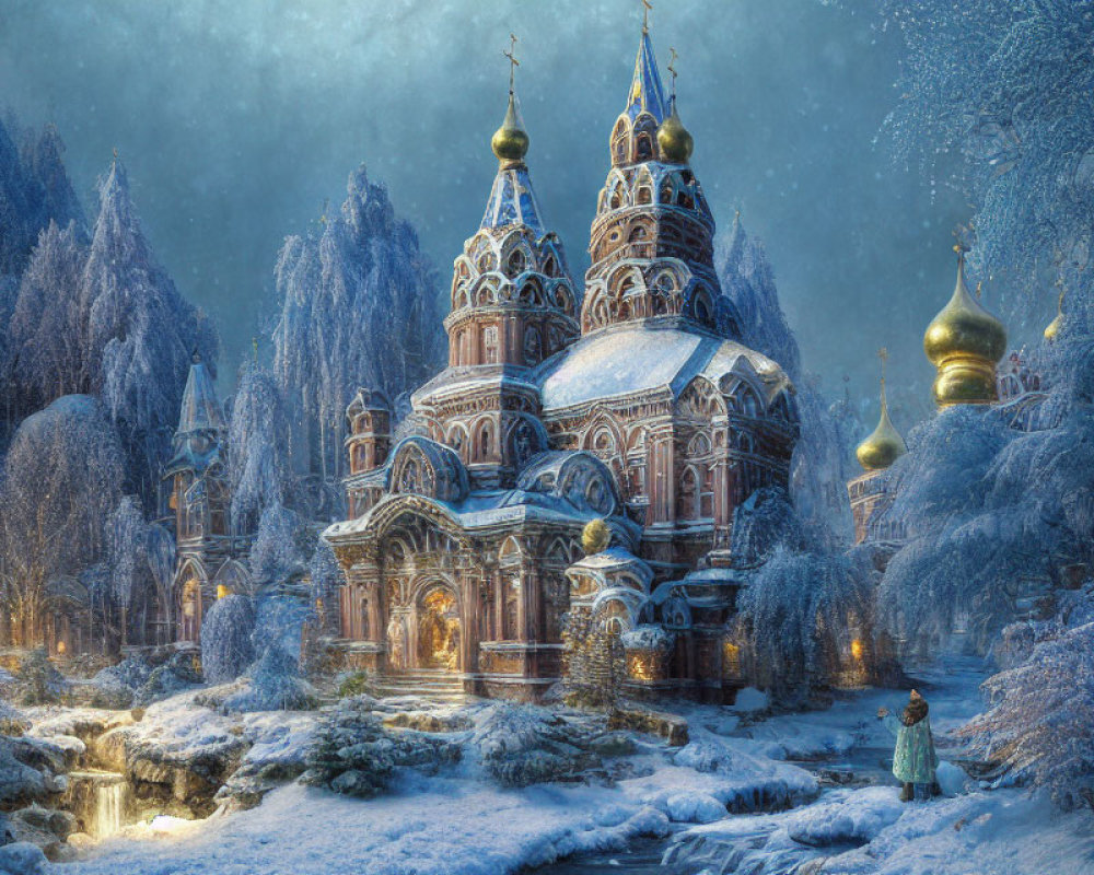 Colorful domed cathedral in snowy winter landscape at twilight