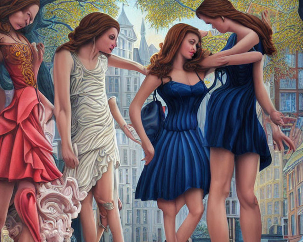 Four animated women in stylish dresses walking under tree-lined city street