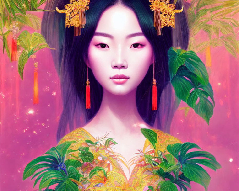 Vibrant digital artwork of a woman in traditional attire against pink flora background