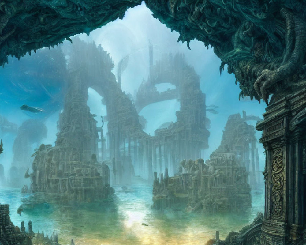 Ancient ruins and marine life in mystical underwater city