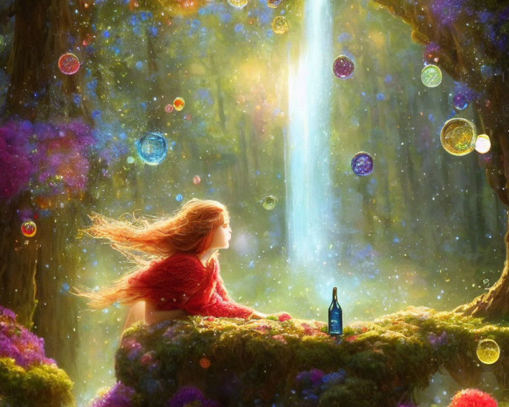 Young girl in red cloak in enchanted forest with colorful bubbles and radiant light