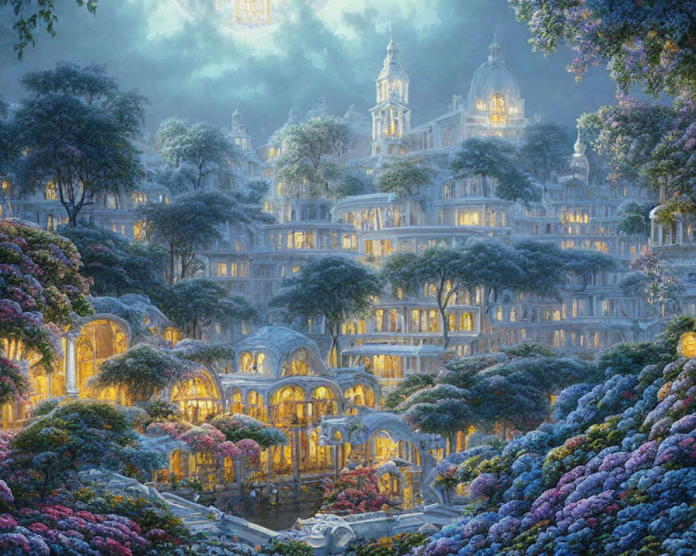 Intricate architecture in illuminated fantasy city amid lush flora