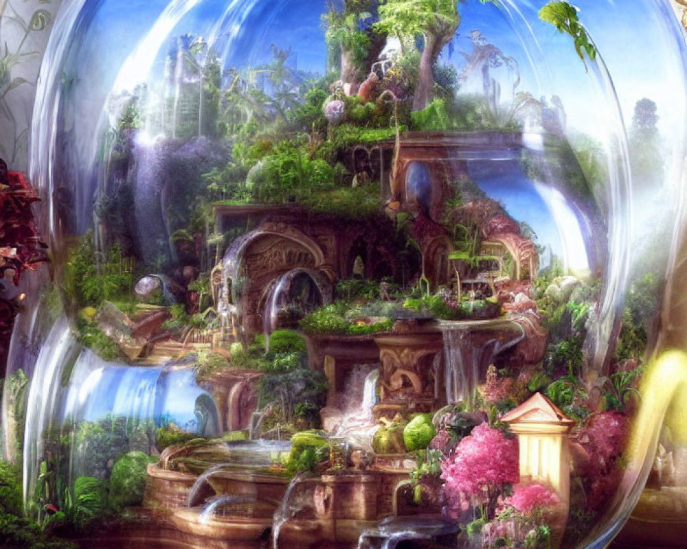 Fantasy landscape with lush greenery and waterfalls in transparent sphere