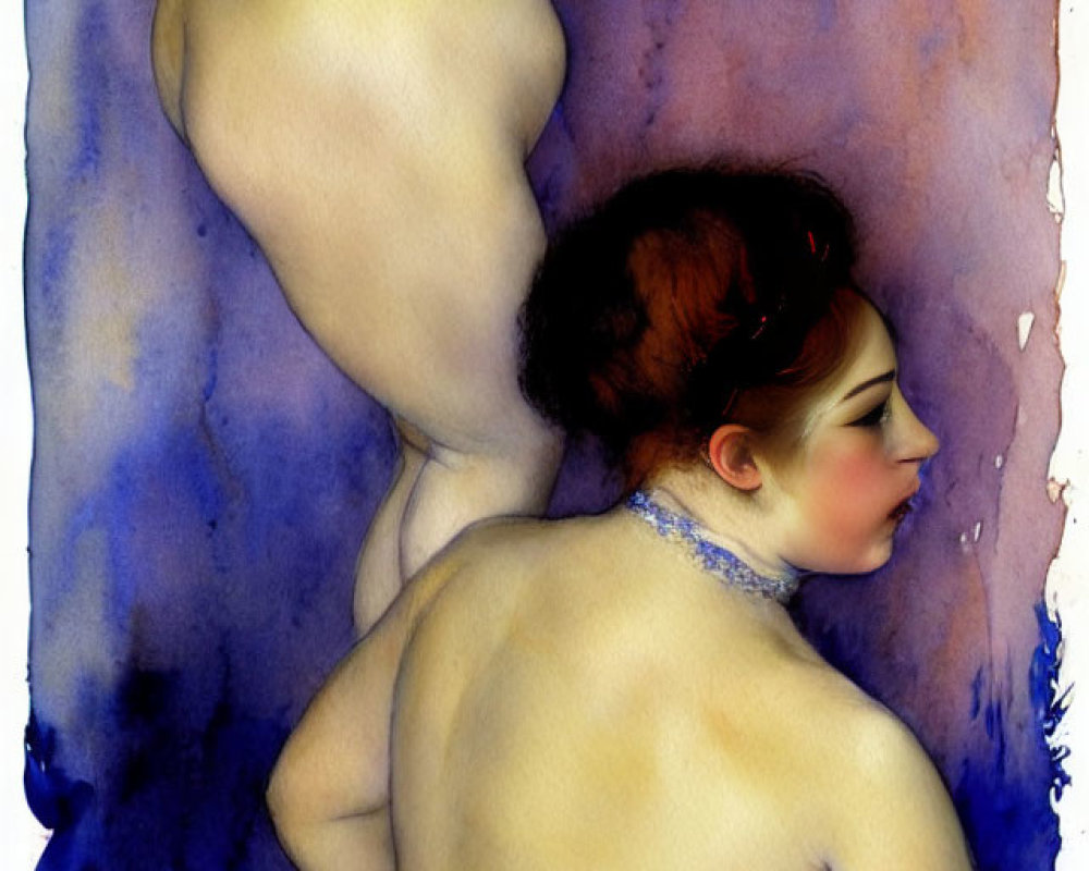 Stylized watercolor painting of two nude women in profile with blue and purple hues