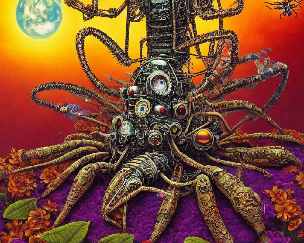 Colorful artwork: mechanical octopus among flowers under dual moons