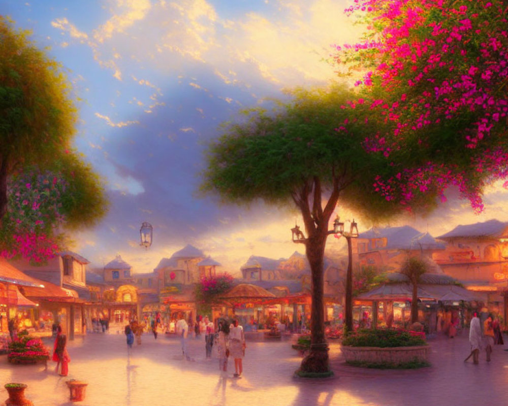 Bustling town square at sunset with pink trees and charming buildings
