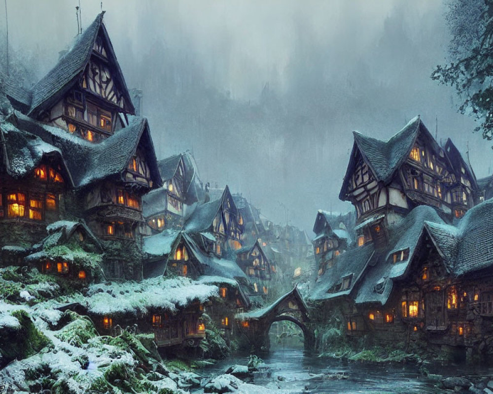 Snowy village with half-timbered houses by river at dusk
