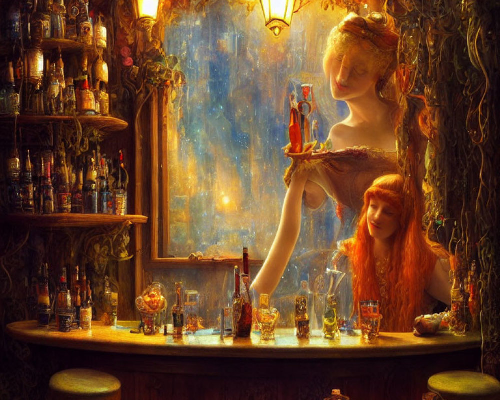 Ethereal women in whimsical tavern scene with colorful bottles