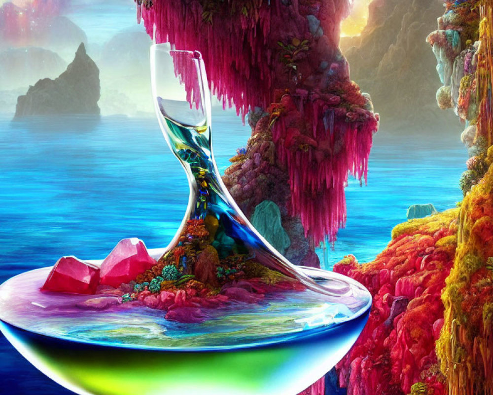 Colorful surreal landscape with hourglass, lush cliffs, blue sea, and crystalline structures.