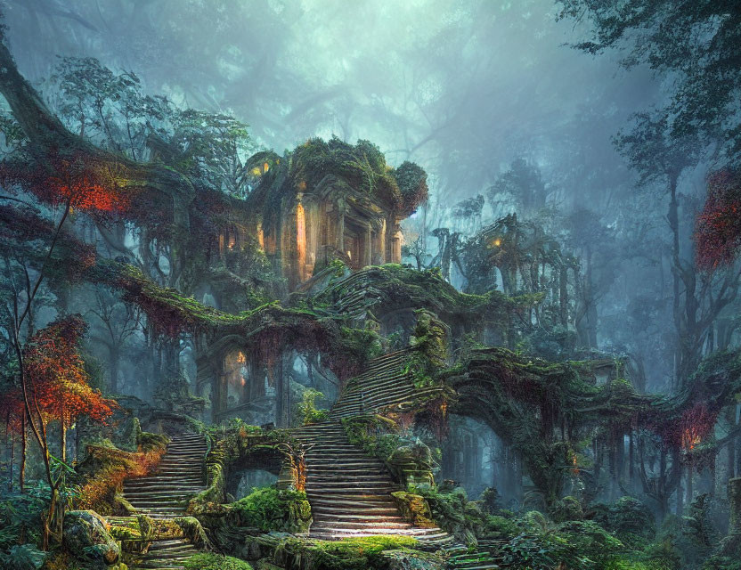 Overgrown temple in misty forest with ivy-covered trees