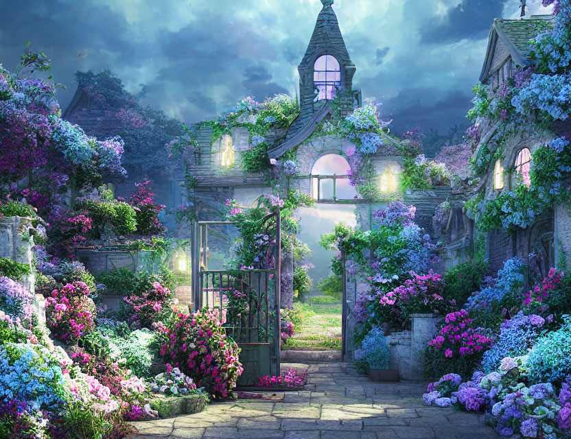 Lush garden at dusk with blooming flowers and stone pathway