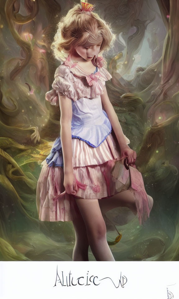 Young girl in pink ruffled dress and blue apron in whimsical setting