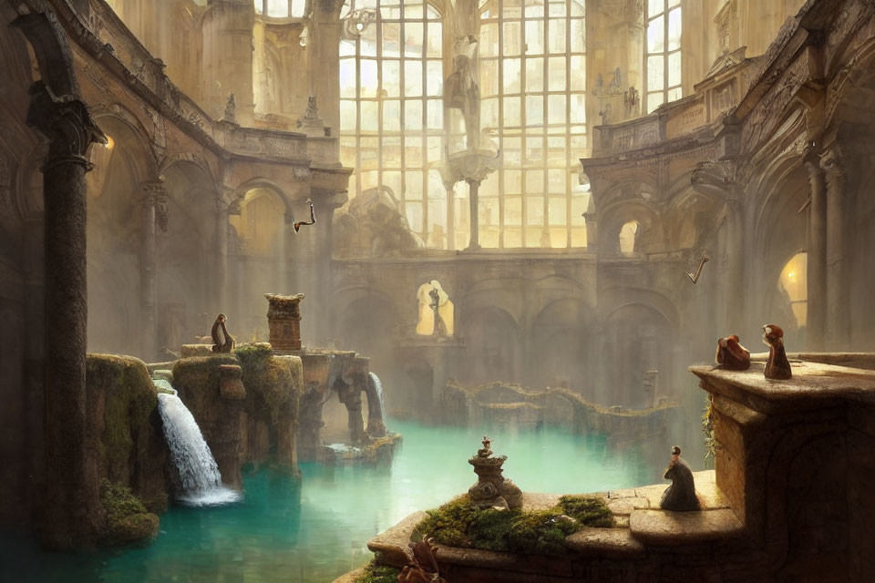 Grand atrium with classical architecture, waterfalls, pools, people, and birds in sunlit indoor