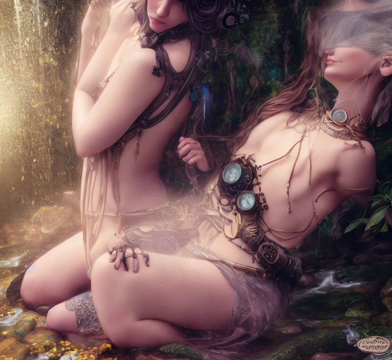 Ethereal women in steampunk attire in mystical forest