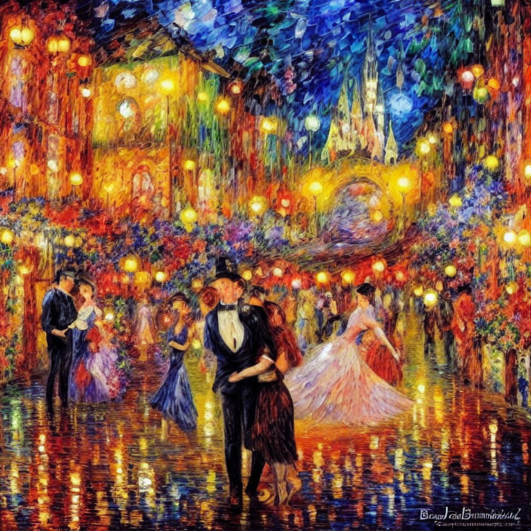 Elegant ballroom scene with dancing couples under colorful lights