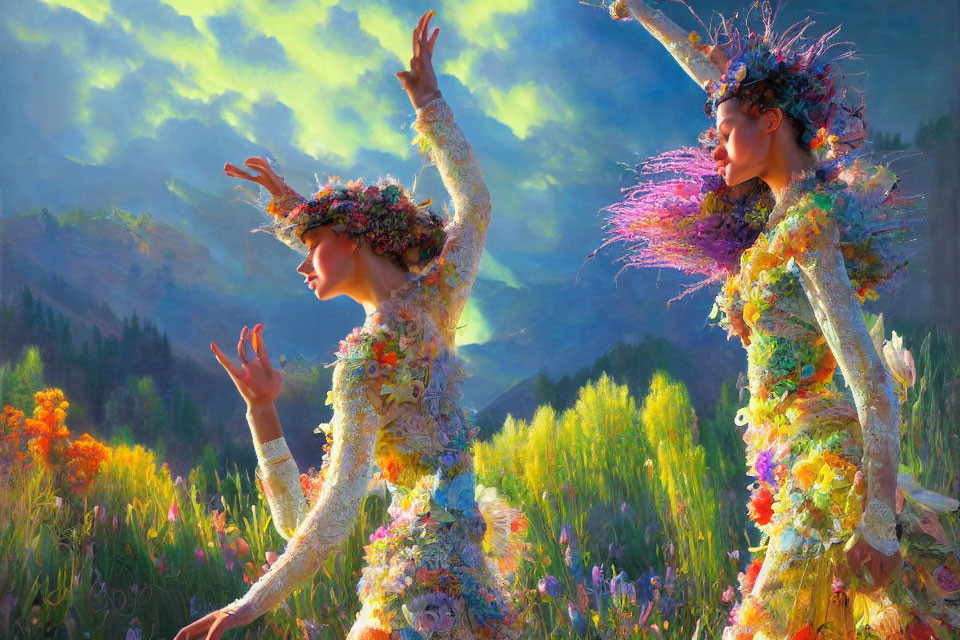 Ethereal figures in vibrant floral attire dancing in a flower-filled meadow